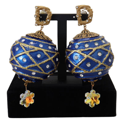 Dolce & Gabbana Gold Brass Blue Dangle Ball Crystal Clip On Earrings