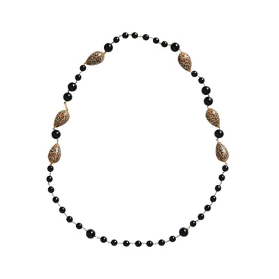 Dolce & Gabbana Gold Tone Brass Black Printed Beaded Long Chain Necklace