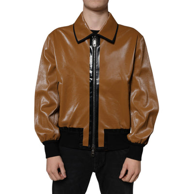 Dolce & Gabbana Brown Leather Full Zip Bomber Jacket