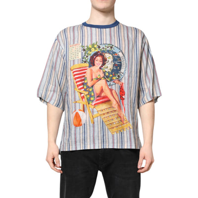 Tricou Dolce & Gabbana din in, cu decolteu rotund, cu dungi multicolore, stil Pin-up