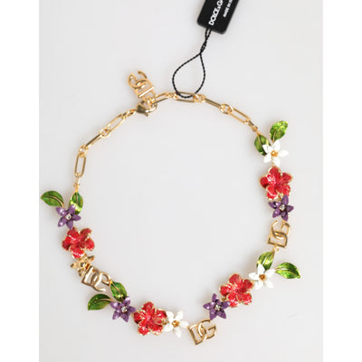 Colier Dolce & Gabbana cu logo auriu din alamă și detalii florale, bijuterii fashion