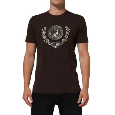 Tricou Dolce & Gabbana maro, cu guler rotund și imprimeu cu monede și lauri