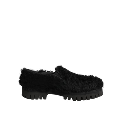 Dolce & Gabbana Dress Black Fur Leather Slippers