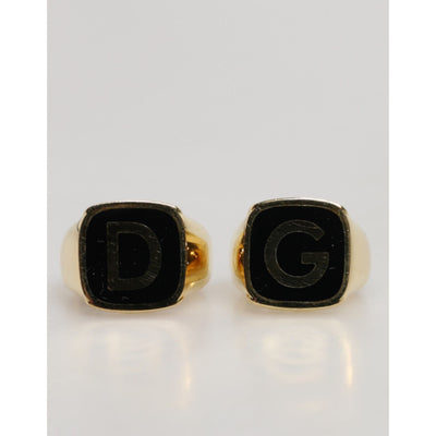 Dolce & Gabbana Gold-Tone Real Brass Black Enamel "DG" Adjustable Rings