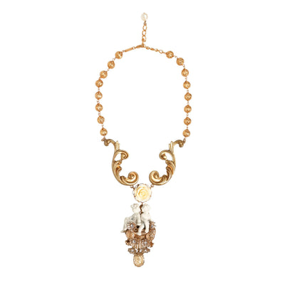 Colier cu pandantiv baroc Dolce & Gabbana din ceramică aurie, cu cristal și heruvim