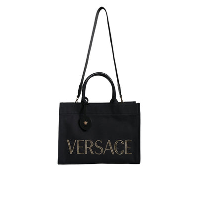 Geantă tote Versace neagră tip crossbody, cu mâner superior, din pânză și piele, cu logo