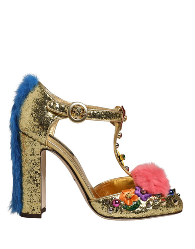 Sandale Dolce & Gabbana Gold cu baretă T, sclipici și blană pe margini
