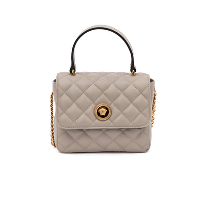 Geantă de mână Versace matlasată din piele, culoarea Taupe