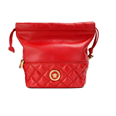Geantă de umăr tip sac Versace roșu matlasat din piele, cu șnur, tip bucket, crossbody, geantă de mână