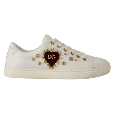 Dolce & Gabbana White Leather Gold Red Heart Sneakers