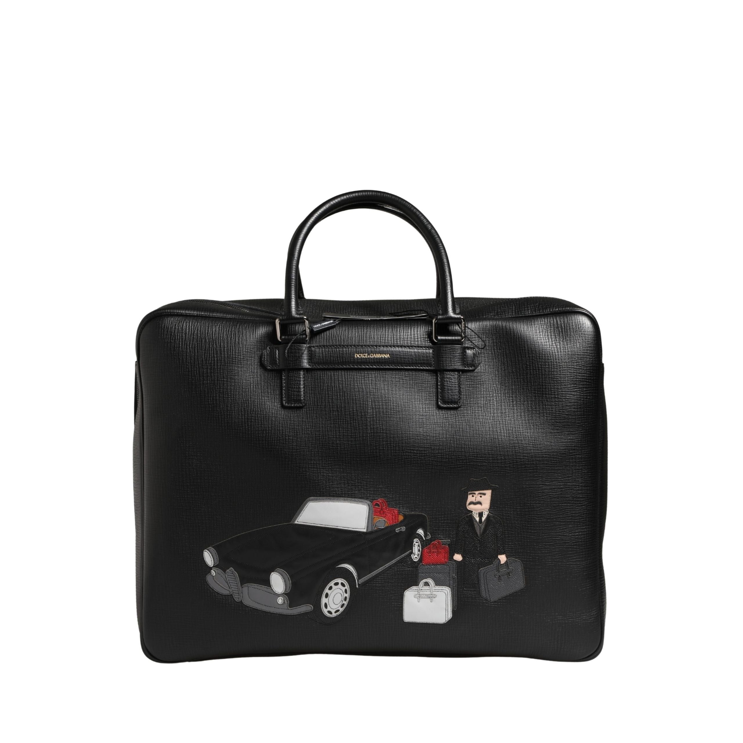 Dolce & Gabbana Black Car Man Applique Leather Weekender Borse Bag