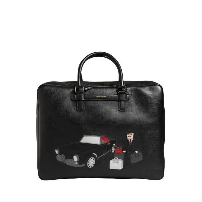 Dolce & Gabbana Black Car Man Applique Leather Weekender Borse Bag