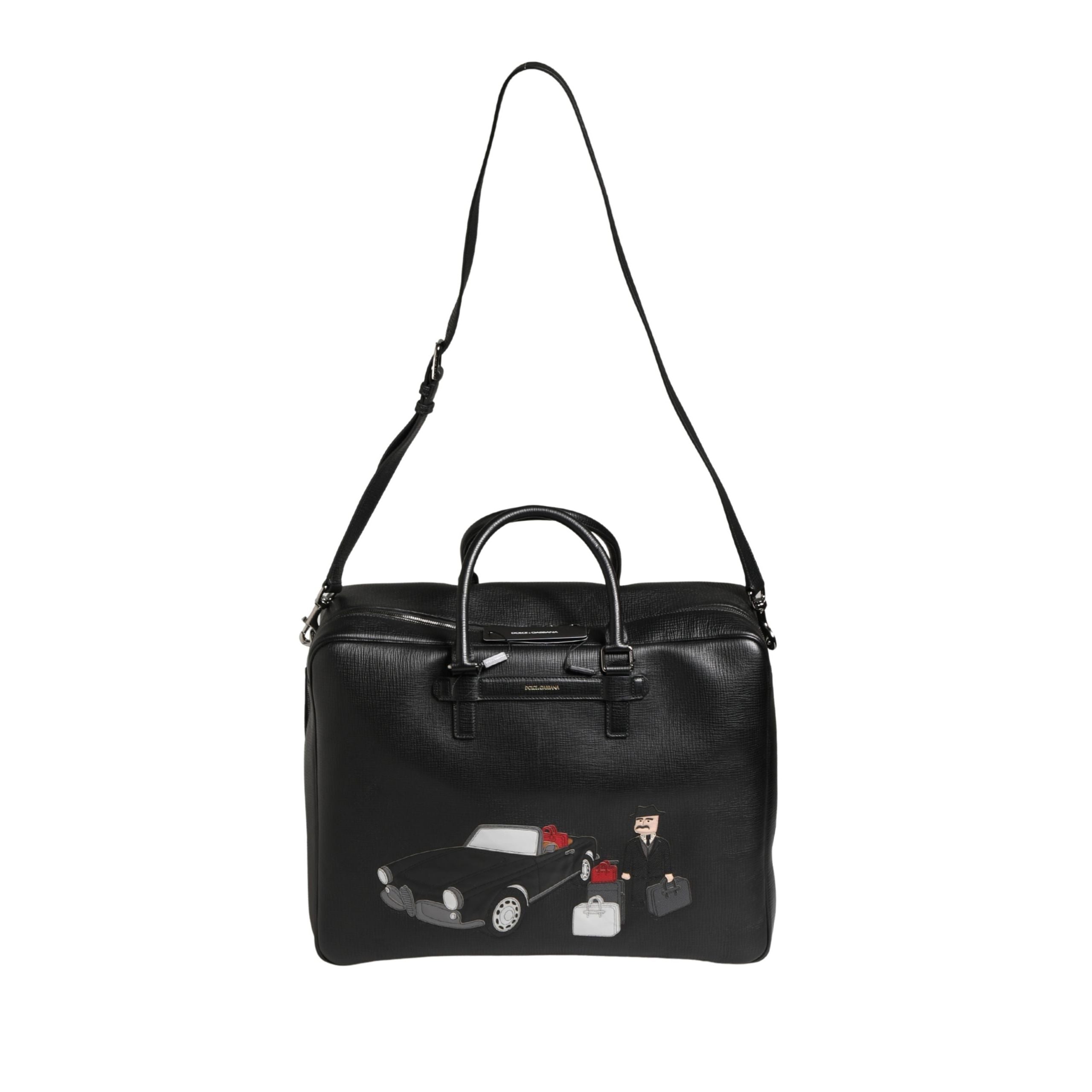 Dolce & Gabbana Black Car Man Applique Leather Weekender Borse Bag