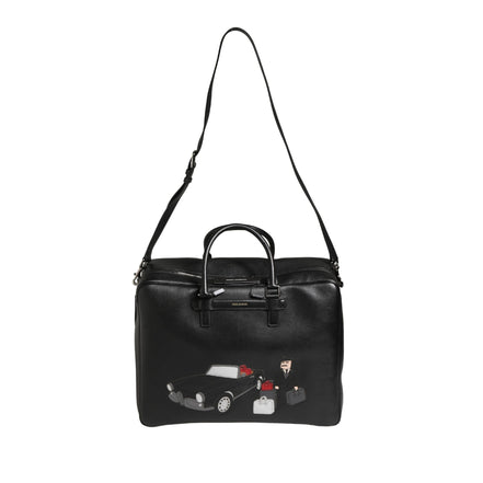 Dolce & Gabbana Black Car Man Applique Leather Weekender Borse Bag