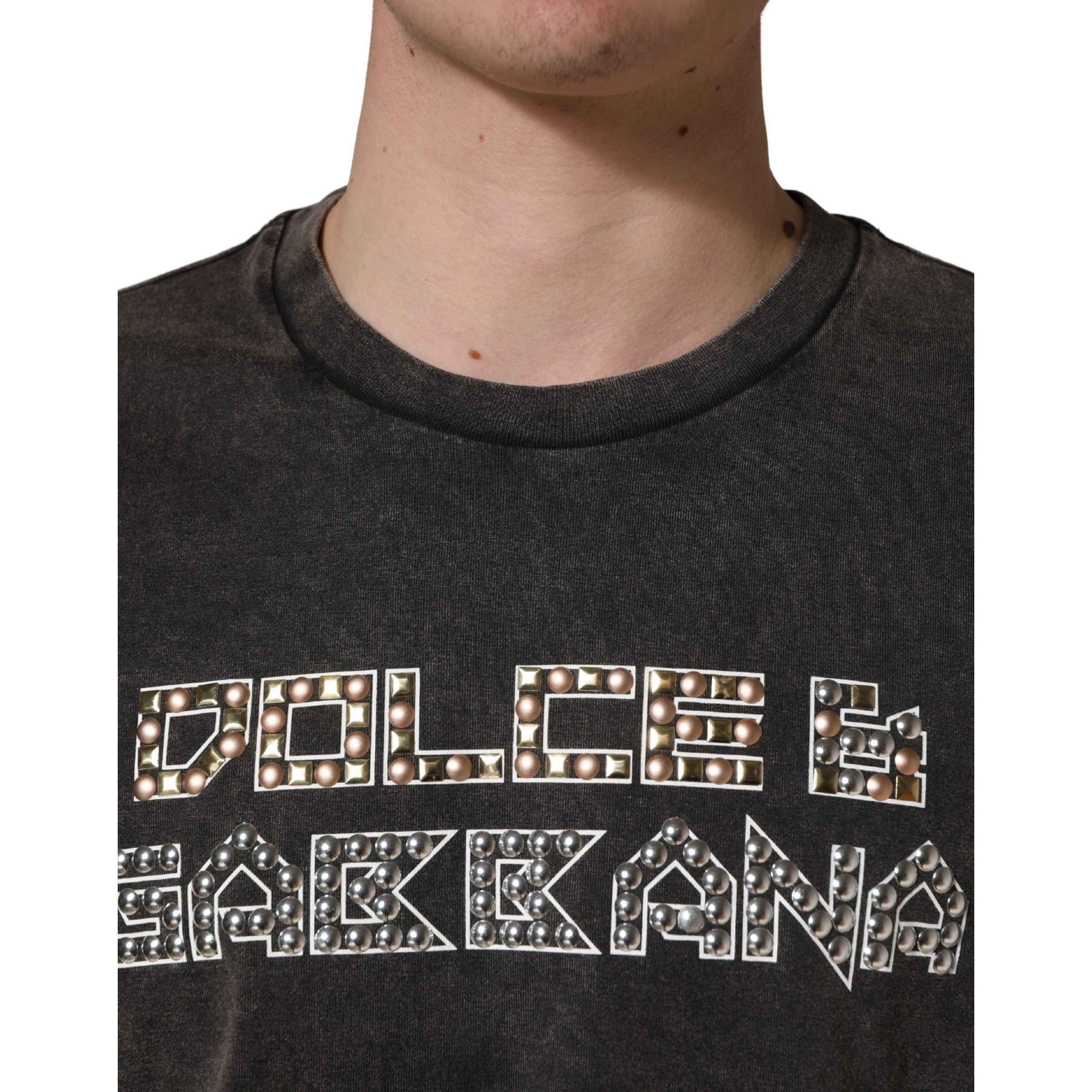 Tricou Dolce & Gabbana Gri cu Guler Rotund și Logo Decorat