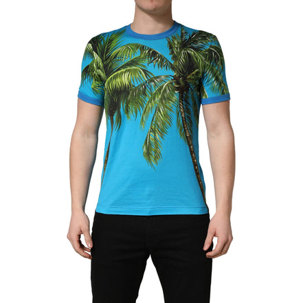 Tricou Dolce & Gabbana din bumbac cu decolteu la baza gâtului și imprimeu cu palmieri albastri