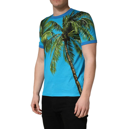 Tricou Dolce & Gabbana din bumbac cu decolteu la baza gâtului și imprimeu cu palmieri albastri