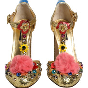 Sandale Dolce & Gabbana Gold cu baretă T, sclipici și blană pe margini