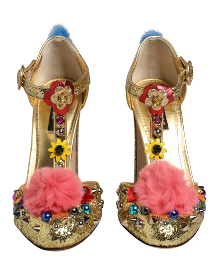 Sandale Dolce & Gabbana Gold cu baretă T, sclipici și blană pe margini
