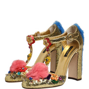 Sandale Dolce & Gabbana Gold cu baretă T, sclipici și blană pe margini