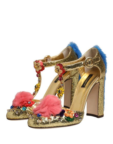 Sandale Dolce & Gabbana Gold cu baretă T, sclipici și blană pe margini