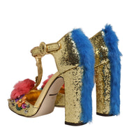 Sandale Dolce & Gabbana Gold cu baretă T, sclipici și blană pe margini