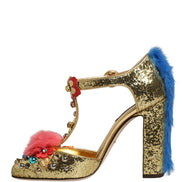Sandale Dolce & Gabbana Gold cu baretă T, sclipici și blană pe margini