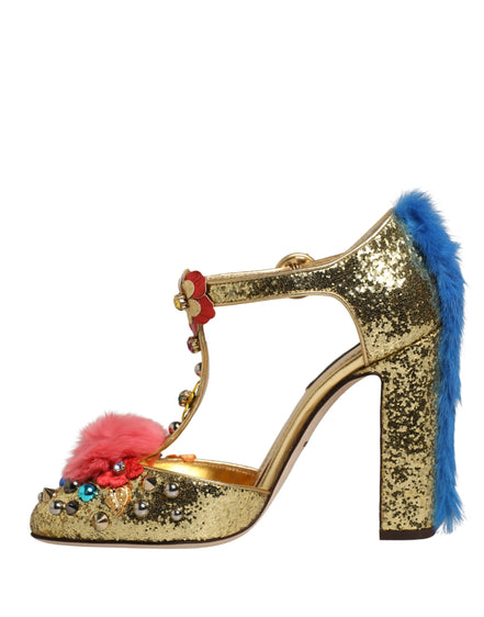 Sandale Dolce & Gabbana Gold cu baretă T, sclipici și blană pe margini