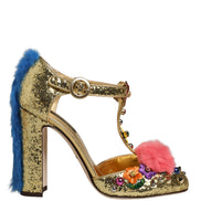 Sandale Dolce & Gabbana Gold cu baretă T, sclipici și blană pe margini