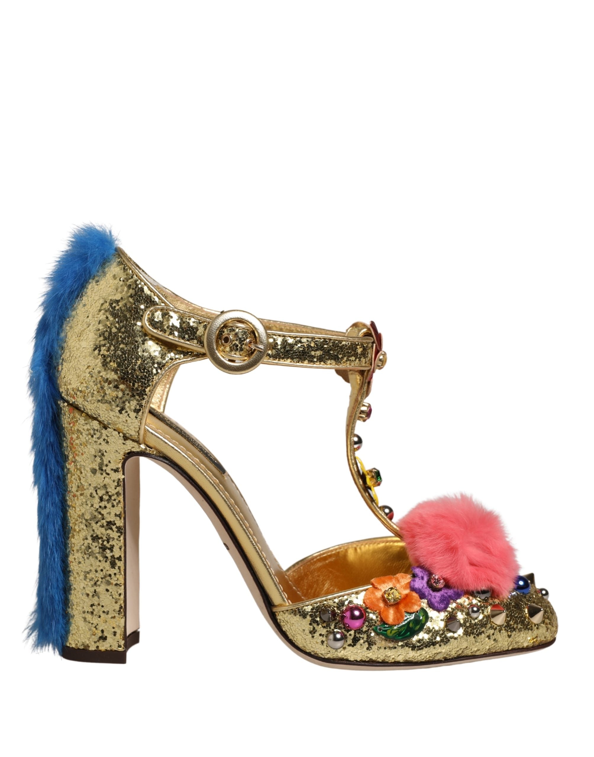 Sandale Dolce & Gabbana Gold cu baretă T, sclipici și blană pe margini
