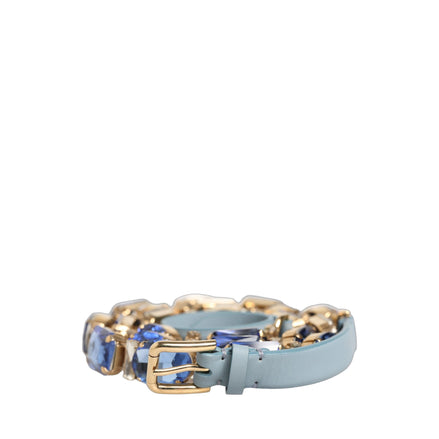 Dolce & Gabbana Blue Leather Crystal Chain Embellished Belt
