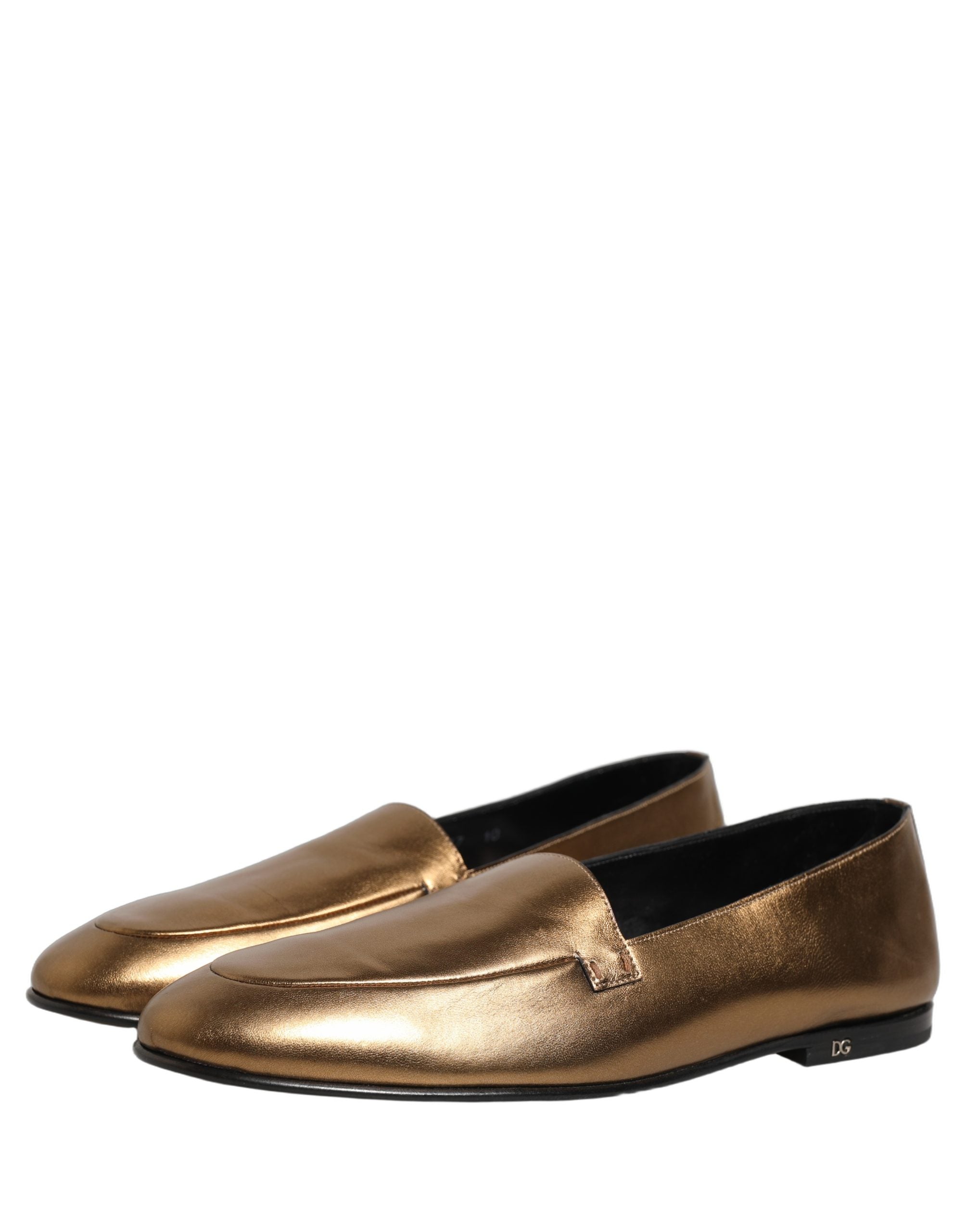 Dolce & Gabbana Gold Leather DG Logo Slip On Loafers