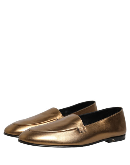 Dolce & Gabbana Gold Leather DG Logo Slip On Loafers