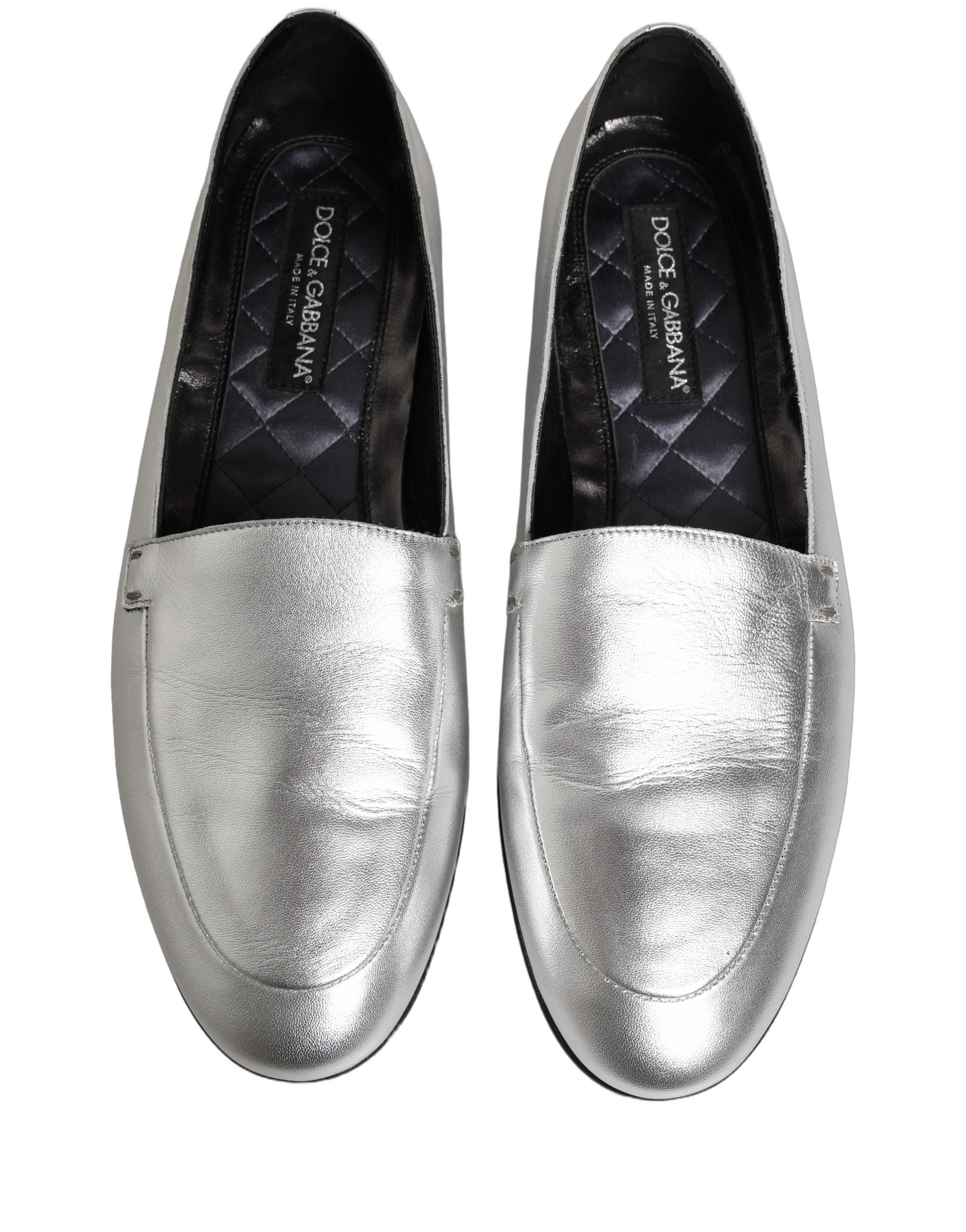 Dolce & Gabbana Silver Leather DG Logo Slip-On Loafers
