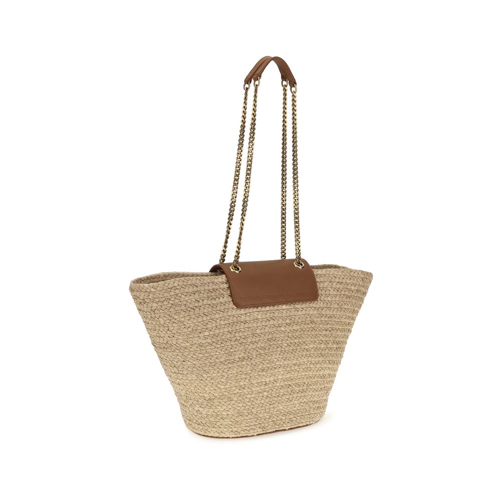 Geantă shopper Saint Laurent bej din rafie Manon