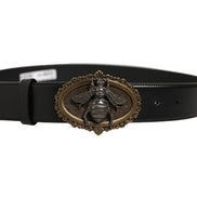 Dolce & Gabbana Black Leather Bee Accent Metal Buckle Belt