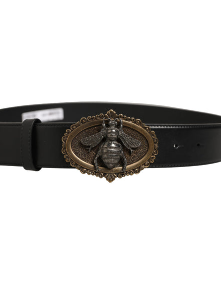 Dolce & Gabbana Black Leather Bee Accent Metal Buckle Belt
