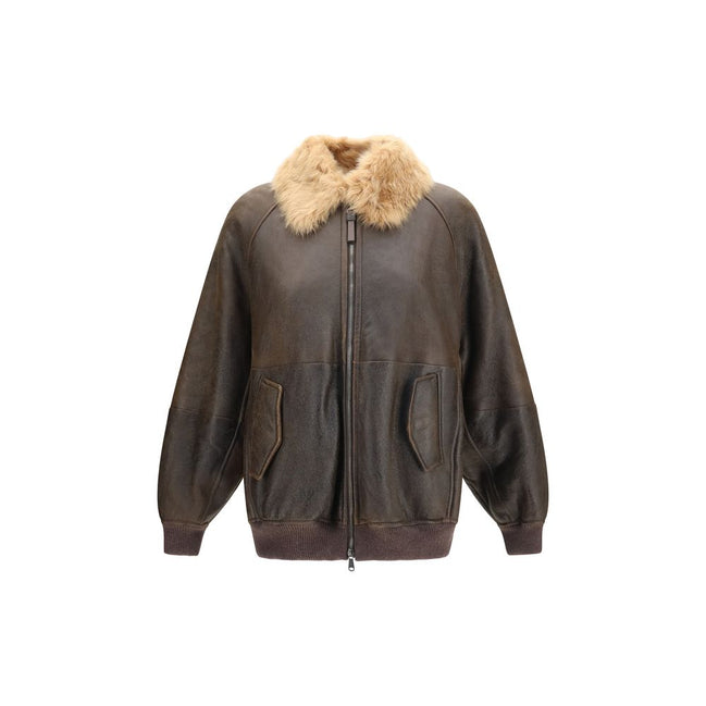 Brunello Cucinelli Geacă Bomber Maro din Piele de Miel