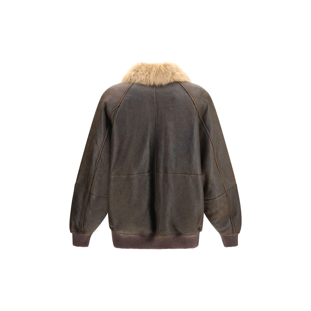 Brunello Cucinelli Geacă Bomber Maro din Piele de Miel