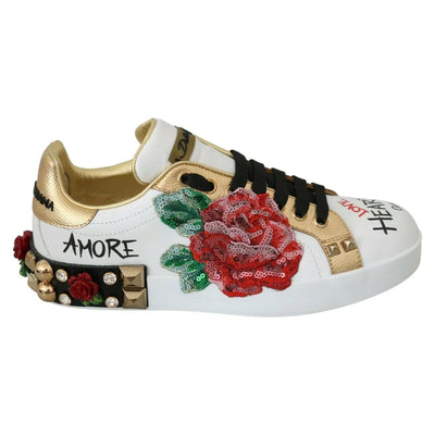 Dolce & Gabbana White Roses Sequined Crystal Sneakers