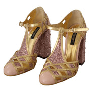 Dolce & Gabbana Pink Gold Leather Crystal T-Strap Pumps