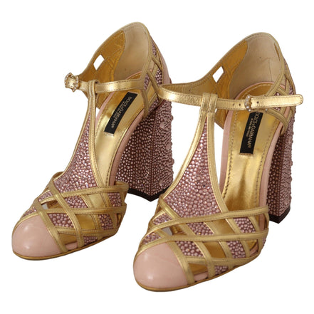 Dolce & Gabbana Pink Gold Leather Crystal T-Strap Pumps