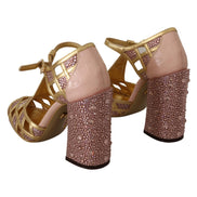 Dolce & Gabbana Pink Gold Leather Crystal T-Strap Pumps