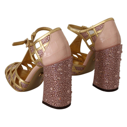 Dolce & Gabbana Pink Gold Leather Crystal T-Strap Pumps