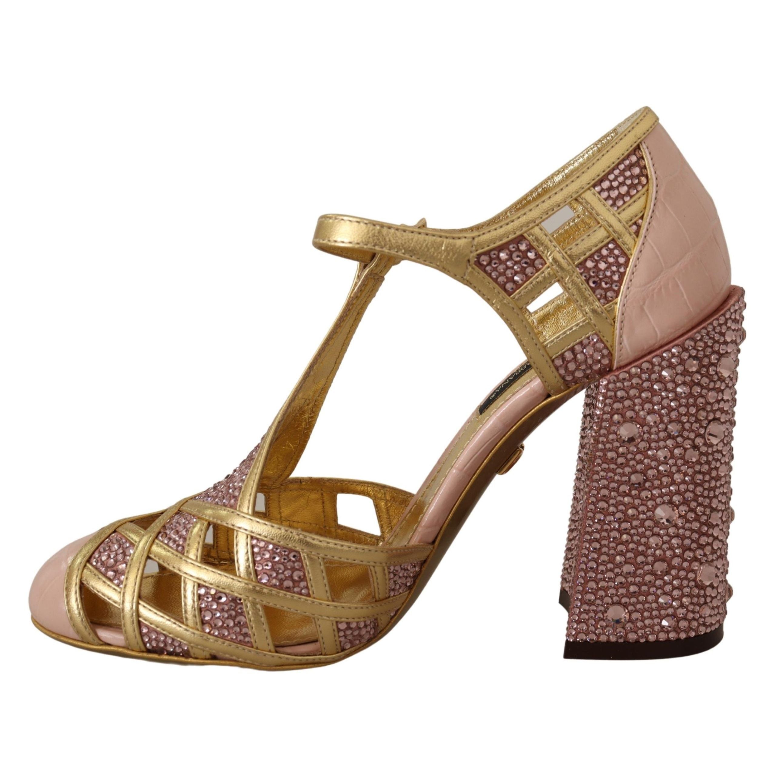 Dolce & Gabbana Pink Gold Leather Crystal T-Strap Pumps