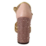 Dolce & Gabbana Pink Gold Leather Crystal T-Strap Pumps