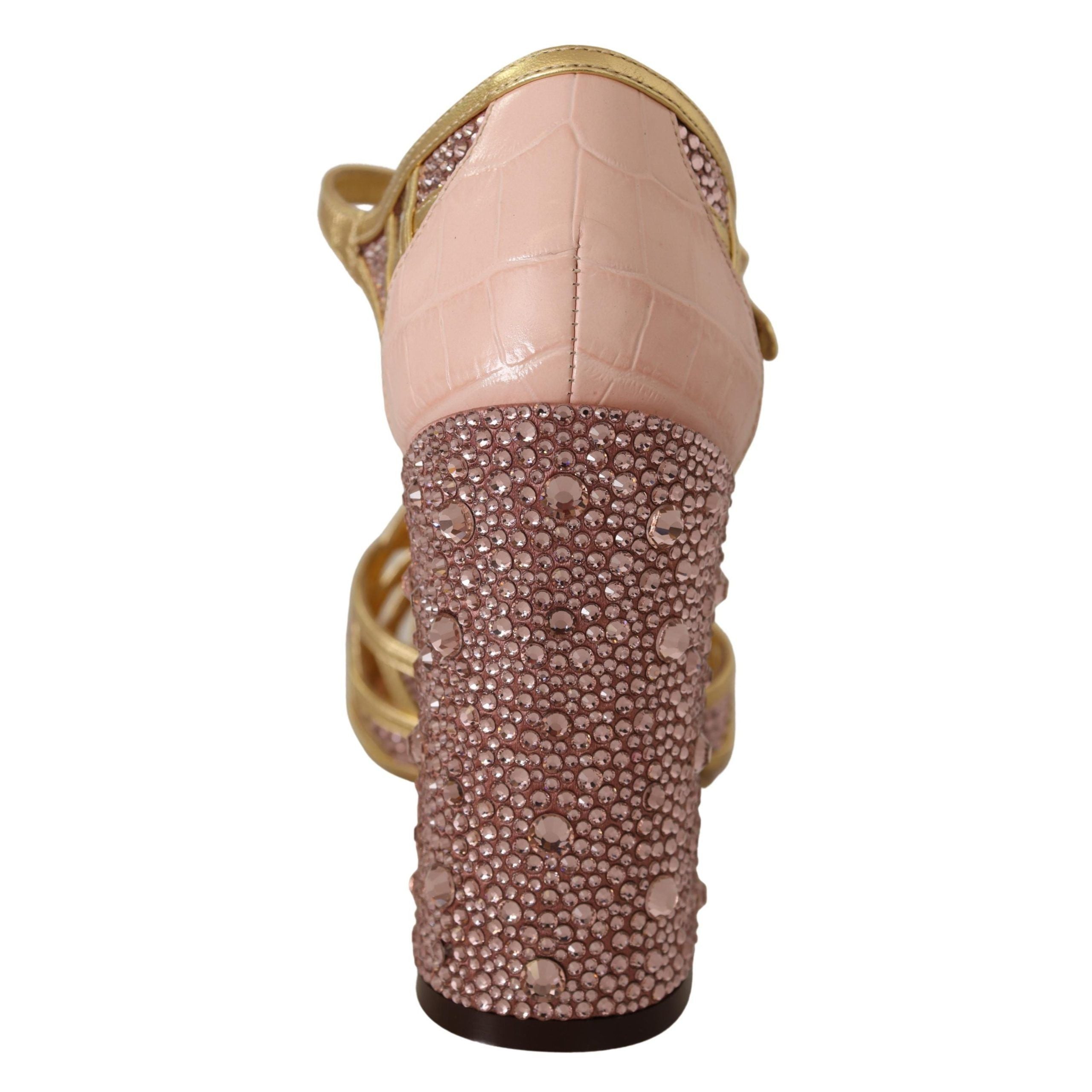 Dolce & Gabbana Pink Gold Leather Crystal T-Strap Pumps