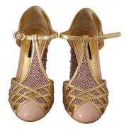 Dolce & Gabbana Pink Gold Leather Crystal T-Strap Pumps