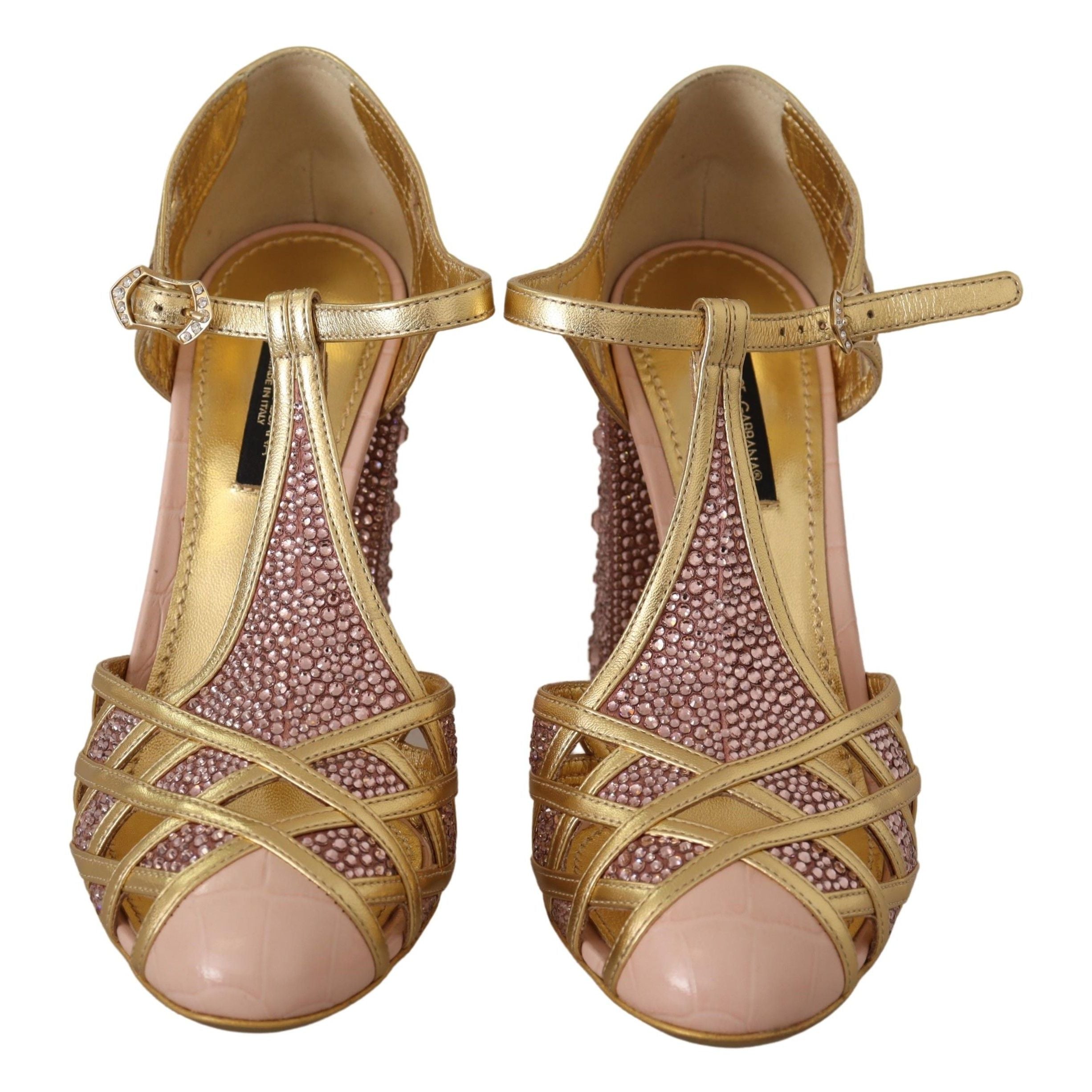 Dolce & Gabbana Pink Gold Leather Crystal T-Strap Pumps