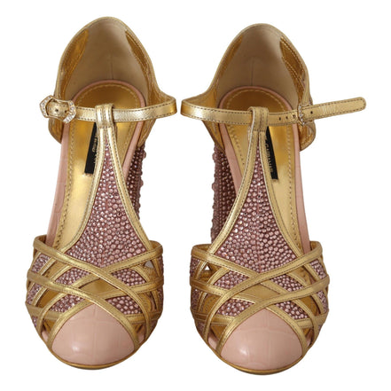 Dolce & Gabbana Pink Gold Leather Crystal T-Strap Pumps